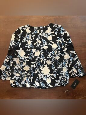 Alfani Black and Blue Floral Blouse - Size Petite Medium